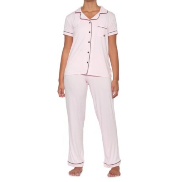 Born Pink Black Trim Size Large 2 Piece Pajama Short Sleeve Pants Set - Picture 1 of 9